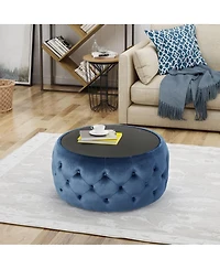 Round Velvet Tufted Ottoman with Tempered Glass Top, Modern Glam Design, Upholstered Footrest, Elegant Coffee Table Alternative for Living Room-The Po