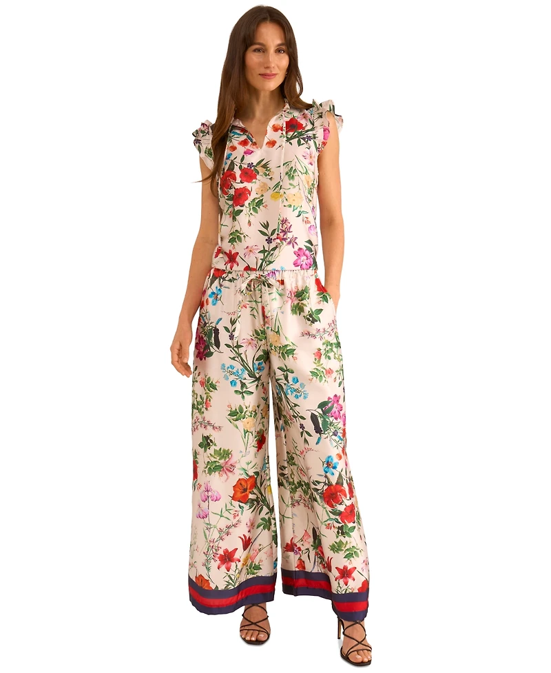 Vince Camuto Women's Satin Floral-Print Ruffled Sleeve Top