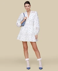 Avec Les Filles Women's Cotton Lace-Trim Floral-Print Mini Dress