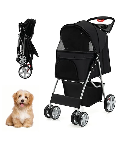 Pet Stroller Folding with Storage Basket and Adjustable Canopy – Easy to Maneuver Dog