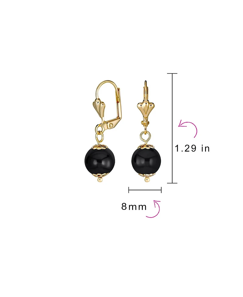 Bling Jewelry Classic Elegant Simple Round Natural Stone Dangle Lever Back Drop Ball Earrings Polished Yellow Gold Plated Brass 8MM