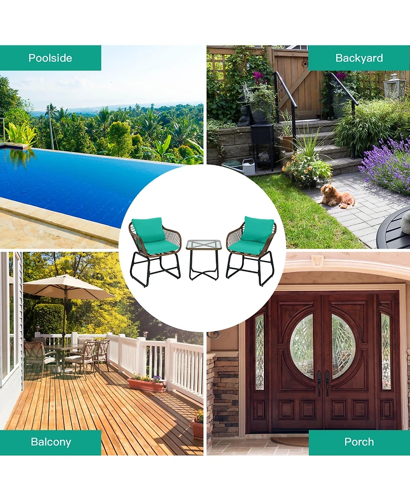 3PCS Patio Rattan Bistro Set Cushioned Chair Glass Table Deck