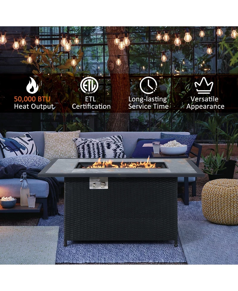 Rattan Wicker Propane Fire Pit Table with Rain Cover and Lava Rock
