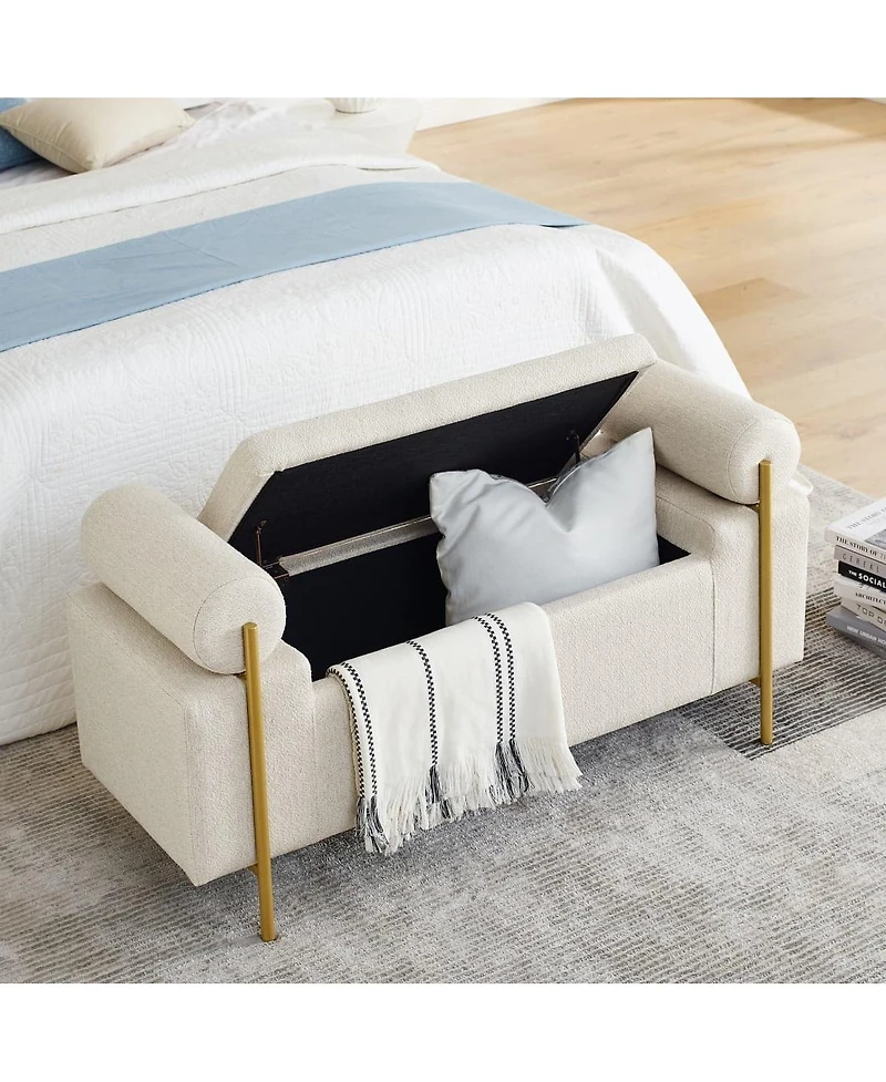 Upholstered Storage Bench with Cylindrical Armrests and Metal Legs Modern Rectangular Ottoman Seat for Bedroom Living Room or Entryway-The Pop Home