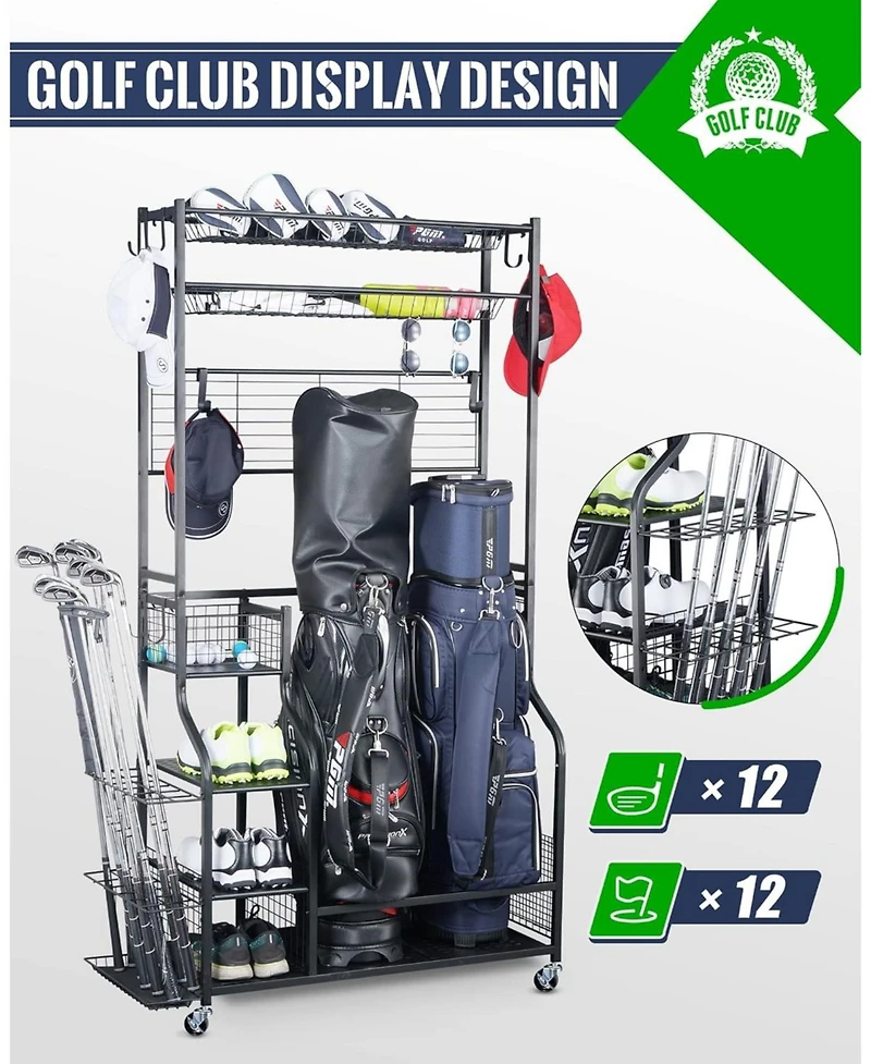 Mythinglogic 160 lbs. Weight Capacity 2 Golf Bags Sport Storage Stand Golfing Equipment Accessories Storage Rack Organizer