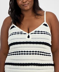 Madden Girl Trendy Plus Striped Pointelle Knit Sleeveless Midi Dress