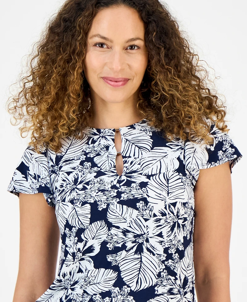 Jones New York Petite Botanical-Print Keyhole Top