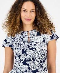 Jones New York Petite Botanical-Print Keyhole Top