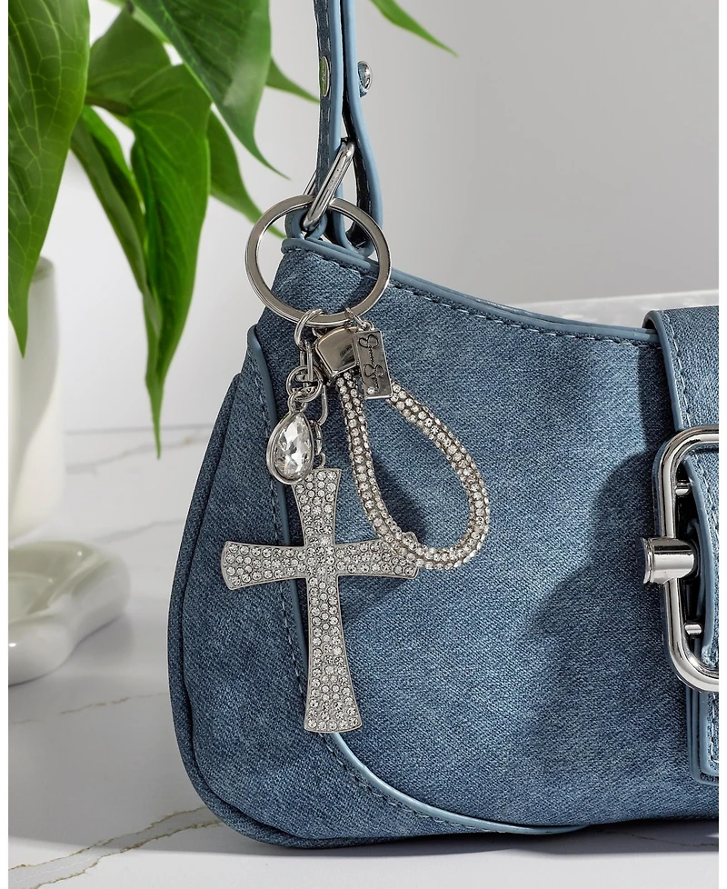 Jessica Simpson Rhinestone Cross Keychain – Elegant Silver-Tone Charm