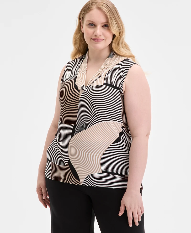 Anne Klein Plus Printed Triple-Pleated V-Neck Top