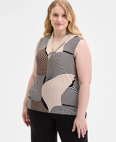 Anne Klein Plus Printed Triple-Pleated V-Neck Top