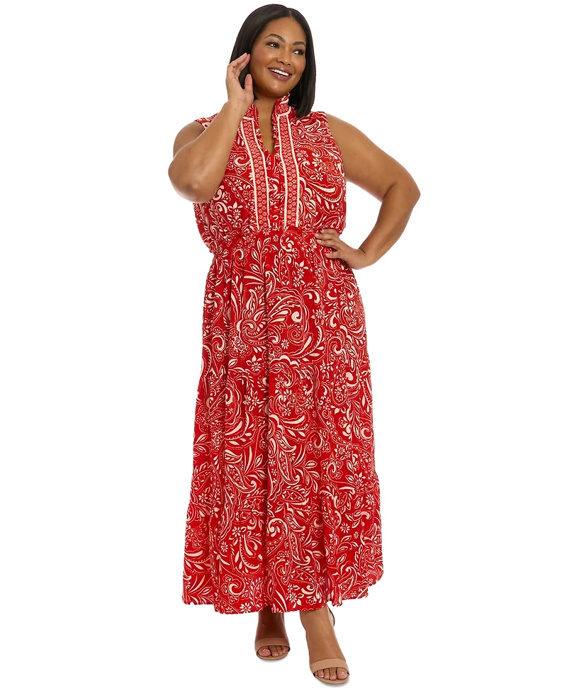 London Times Plus Ruffled-Neck Tiered Maxi Dress