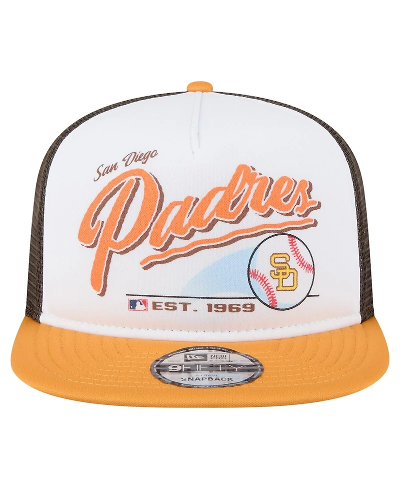 New Era Men's White/Gold San Diego Padres Retro Script Trucker 9FIFTY Snapback Hat