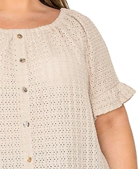 Coin 1804 Plus Size Eyelet Jersey Button Front Ruffle Sleeve Peasant Top
