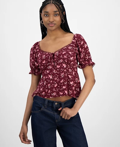 Planet Heart Juniors' Sweetheart-Neck Puff-Sleeve Top