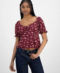 Planet Heart Juniors' Sweetheart-Neck Puff-Sleeve Top