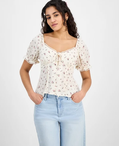 Planet Heart Juniors' Sweetheart-Neck Puff-Sleeve Top