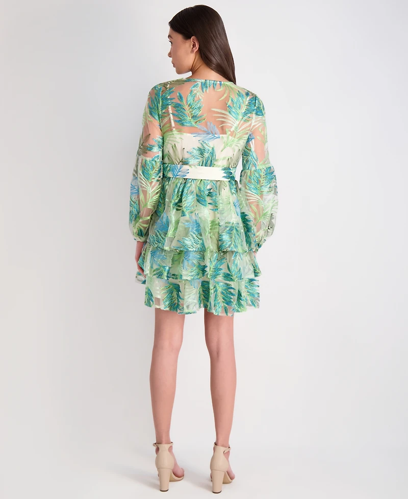 Siena Women's Leaf-Embroidered Mesh Belted Dress