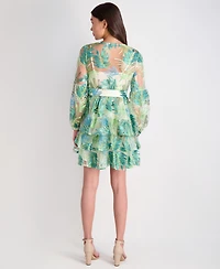 Siena Women's Leaf-Embroidered Mesh Belted Dress