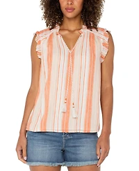 Liverpool Los Angeles Women's Striped Ruffle-Trim Split-Neck Top