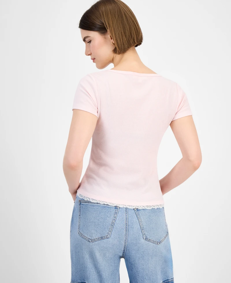 Hippie Rose Juniors' Lace-Trim Layered Henley T-Shirt