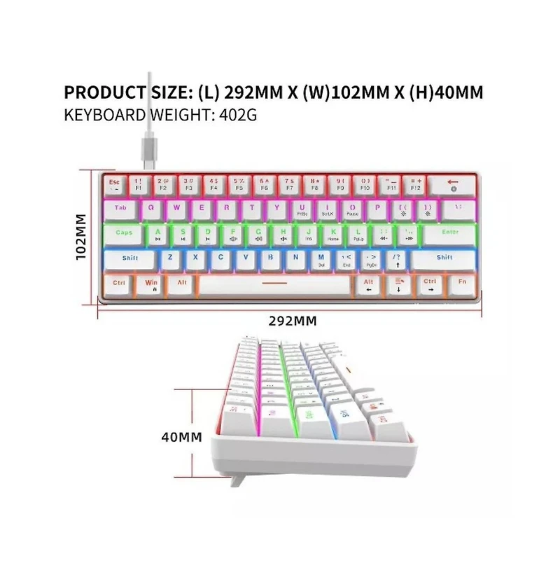60% Mechanical Gaming Keyboard, Red Switch, Wired Gaming Colorful Backlit Gaming Keyboard, Pudding Keycaps Compact