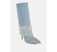 Mike Drop Diamante & Rhinestones Denim Boots