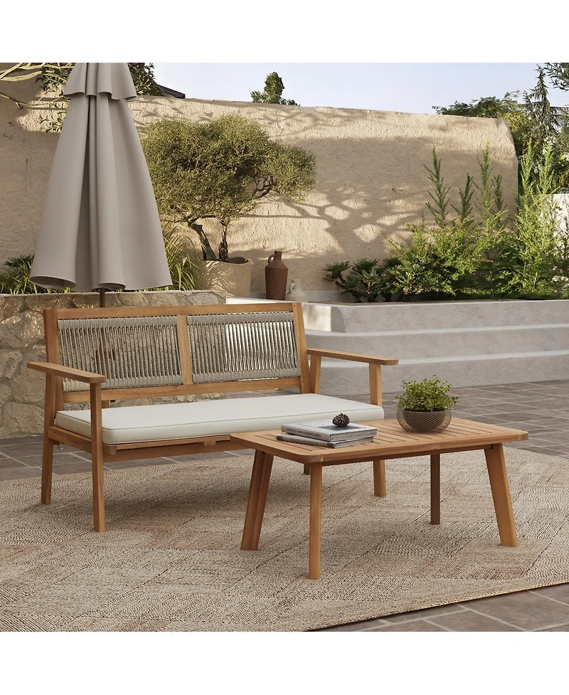 LuxenHome Outdoor Acacia Wood Rope Back Loveseat with Cushions and Coffee Table Set