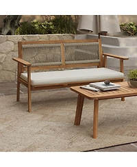 LuxenHome Outdoor Acacia Wood Rope Back Loveseat with Cushions and Coffee Table Set