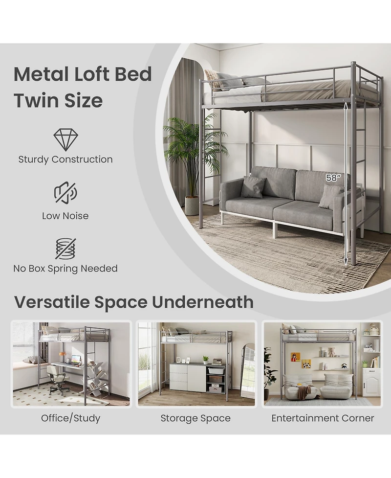 Twin Loft Bed Frame with 2 Ladders Full-length Guardrail