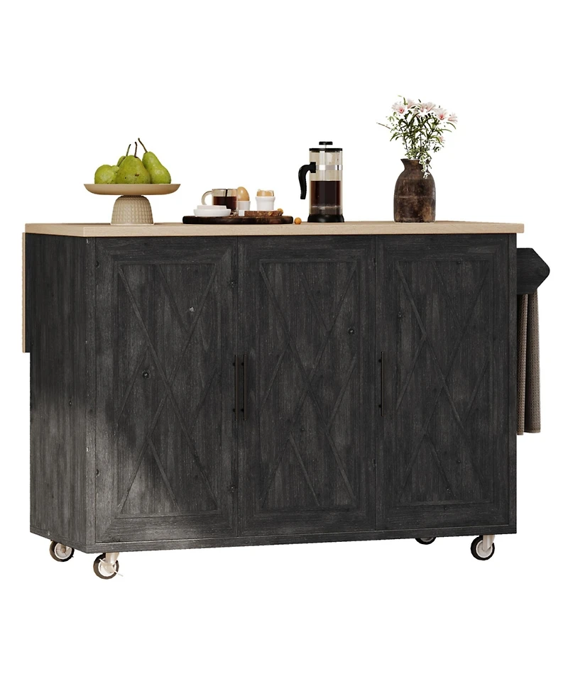 Streamdale Geometric Twill Kitchen Island with Drop Leaf, Rolling Storage Cart with Towel Rack (Black