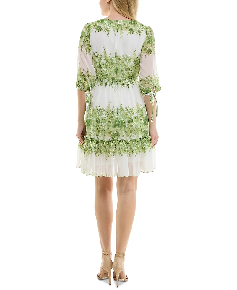 Taylor Women's Floral-Print Tie-Cuff Ruffled-Hem Dress