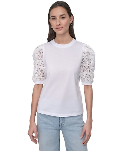 Dkny Jeans Women's Mixed Media Lace-Sleeve Top
