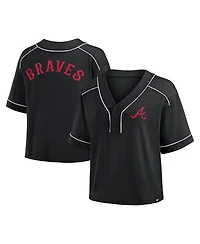 Fanatics Women's Black Atlanta Braves Oversized Champ Game Midi Cropped V-Neck T-Shirt
