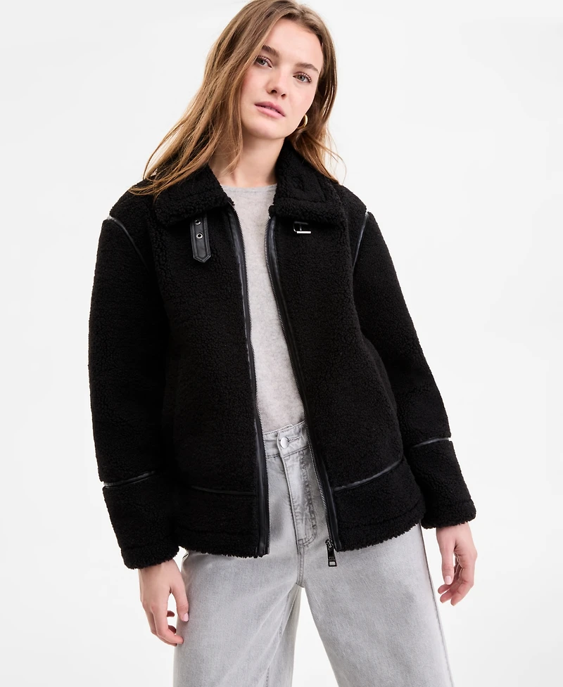 Steve Madden Women's Faux-Sherpa Faux-Leather-Trim Coat