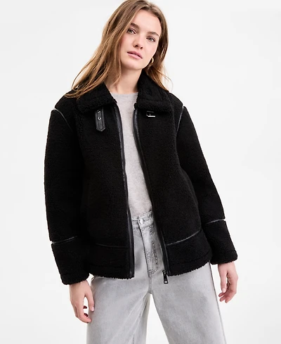 Steve Madden Women's Faux-Sherpa Faux-Leather-Trim Coat