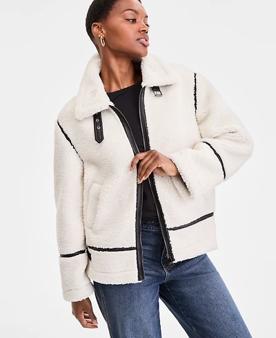Steve Madden Women's Faux-Sherpa Faux-Leather-Trim Coat