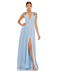 Mac Duggal Women's Beaded Cap Sleeve V Neck A Line Gown