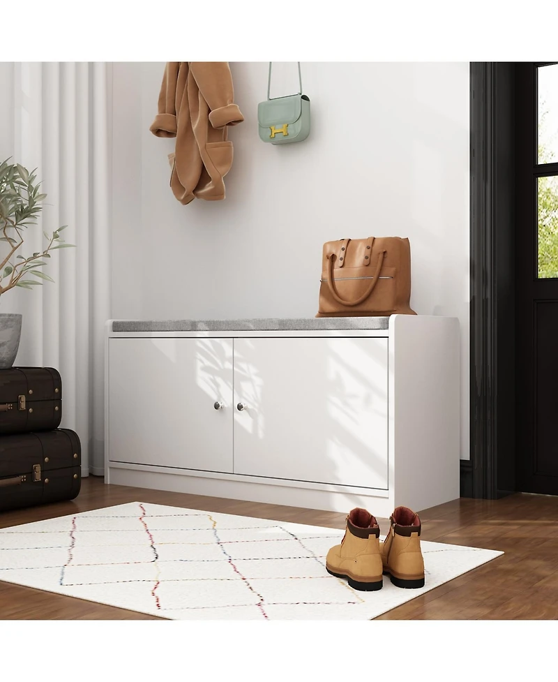 Shoe bench with movable shelves, white wooden shoe rack with two doors and four storage compartments, Entryway Bench