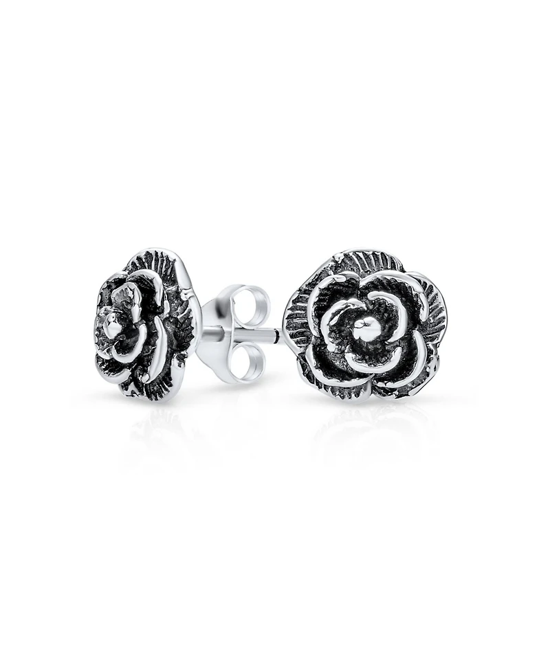 Bling Jewelry Retro Floral Black Rose Stud Earrings in Oxidized Sterling Silver 8MM