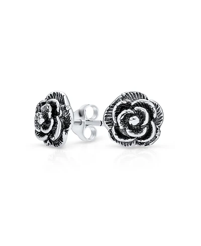 Bling Jewelry Retro Floral Black Rose Stud Earrings in Oxidized Sterling Silver 8MM