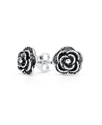 Bling Jewelry Retro Floral Black Rose Stud Earrings in Oxidized Sterling Silver 8MM
