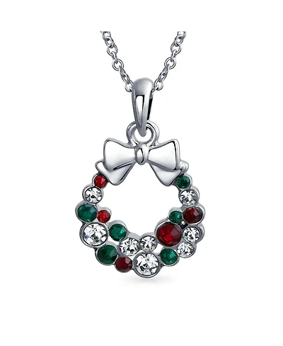Bling Jewelry Fashion Sparkling Christmas Bow Crystal Holiday Pendant Necklace Silver Plated