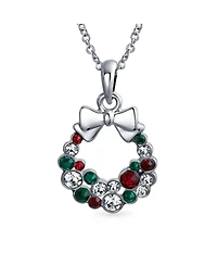 Bling Jewelry Fashion Sparkling Christmas Bow Crystal Holiday Pendant Necklace Silver Plated