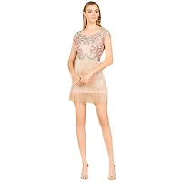Lara Women's Cap Sleeve Cocktail Gown with Fringes