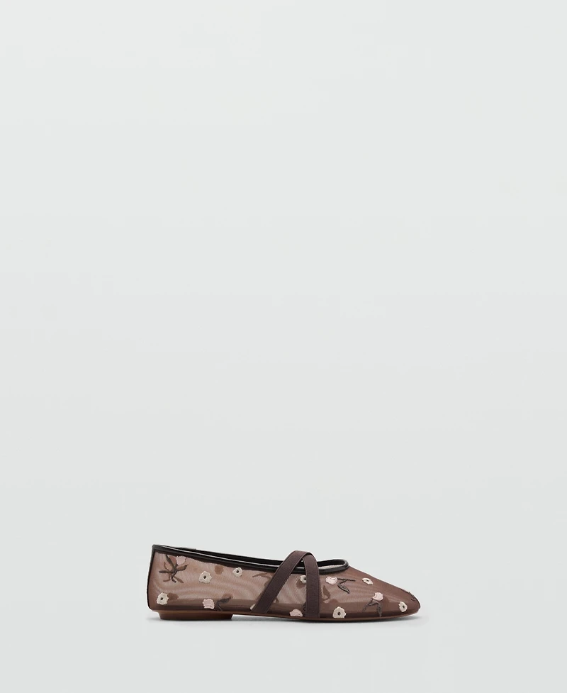 Mango Women's Cross Straps Embroidered Flowers Ballerinas Shoes
