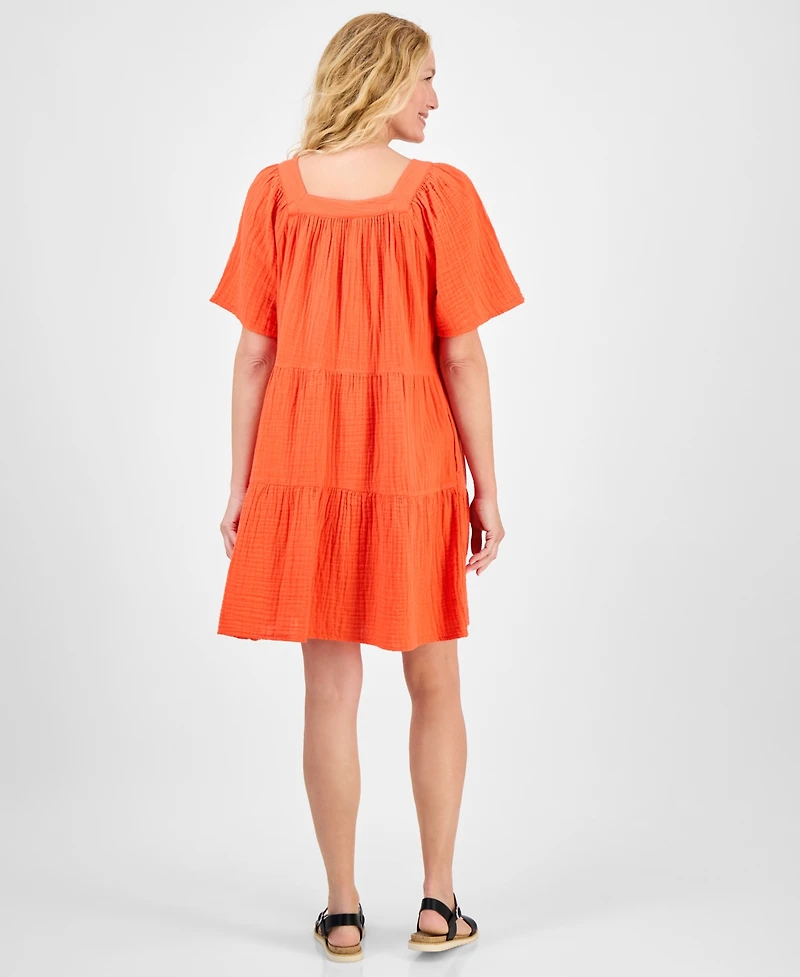 Style & Co Petite Square-Neck Short-Sleeve Tiered Dress, Exclusively at Macy's