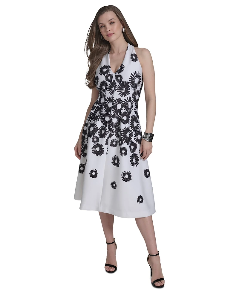 Halston Women's Halter V-Neck Flared Midi Dress