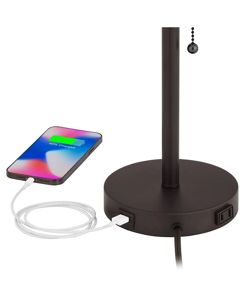 360 Lighting Modern Desk Table Lamp with Hotel Style Usb and Ac Power Outlet in Base 20" High Bronze Metal Oatmeal Drum Shade for Bedroom Office