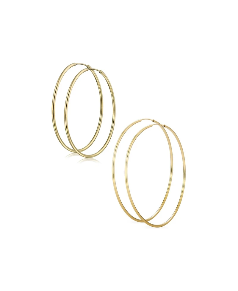 Bling Jewelry Set of 2 Minimalist Hoop Earrings 2MM Gold Plated 2 Inch & 2.75 Inch